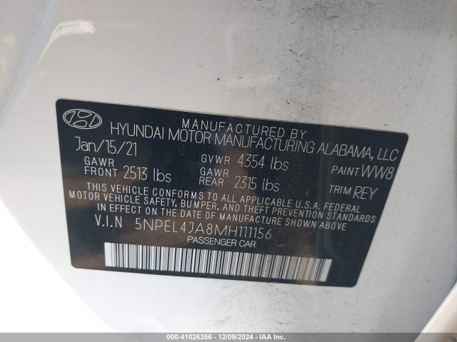 5NPEL4JA8MH111156 Hyundai SONATA SEL