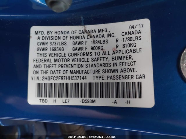 Honda CIVIC EX 2017 2HGFC2F87HH537144 Image 9