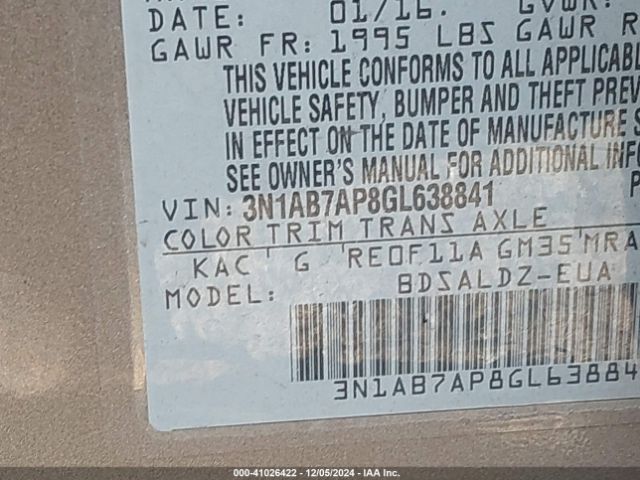 3N1AB7AP8GL638841 Nissan Sentra Fe+ S/s/sl/sr/sv
