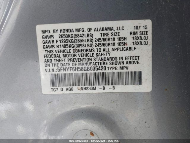 5FNYF6H58GB035420 Honda Pilot Ex-l