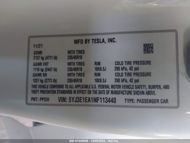 2022 TESLA MODEL 3 5YJ3E1EA1NF113440 Photo 8