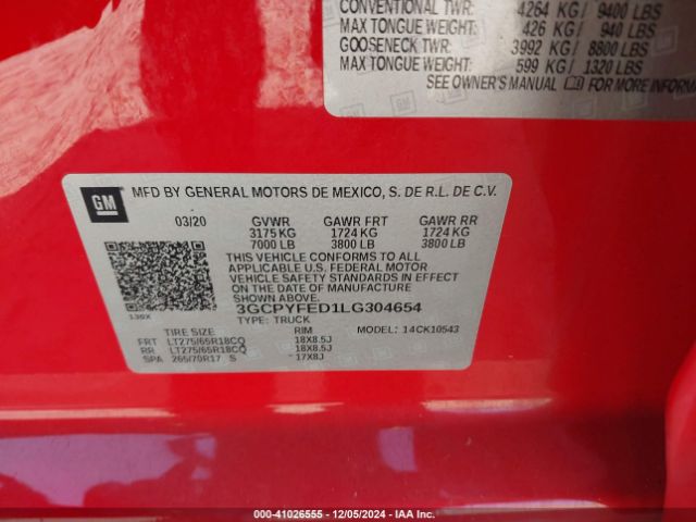 3GCPYFED1LG304654 Chevrolet Silverado 1500 4wd  Short Bed Lt Trail Boss