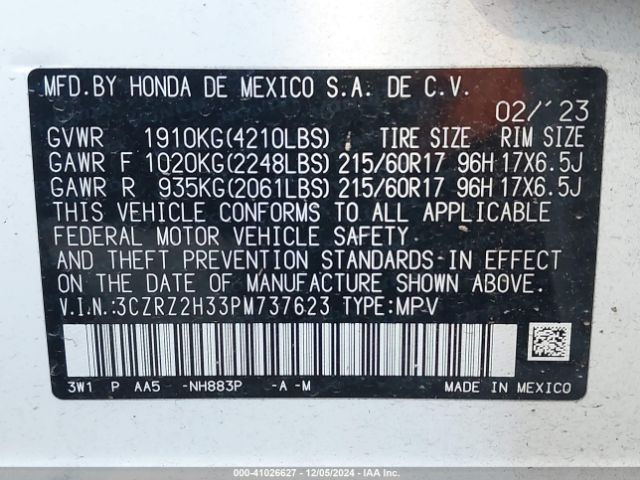 3CZRZ2H33PM737623 Honda Hr-v Awd Lx