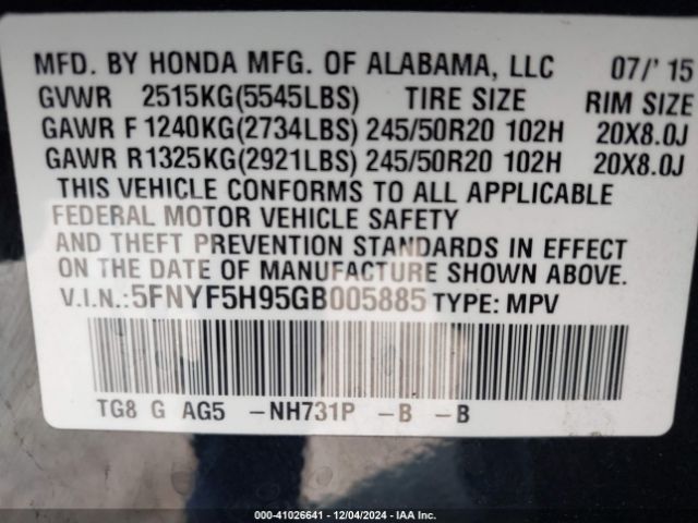 5FNYF5H95GB005885 Honda Pilot Touring