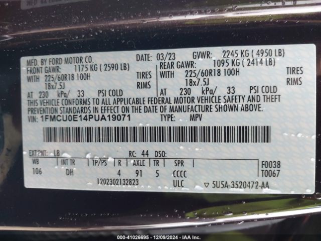 1FMCU0E14PUA19071 Ford Escape Phev