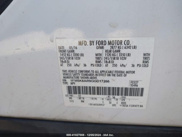 1FM5K8AR9GGD17266 Ford Utility Police Interceptor