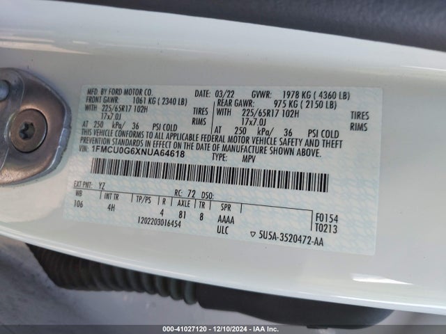 Ford ESCAPE SE 2022 1FMCU0G6XNUA64618 Image 9