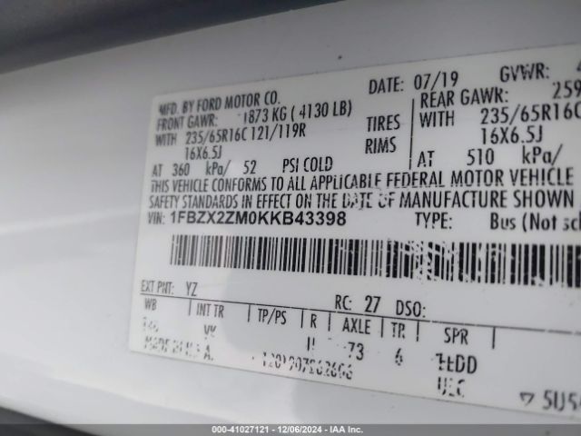 1FBZX2ZM0KKB43398 Ford Transit-350 Xl