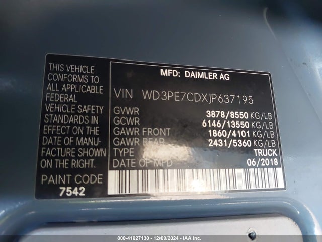 WD3PE7CDXJP637195 Mercedes-Benz Sprinter 2500 Standard Roof V6