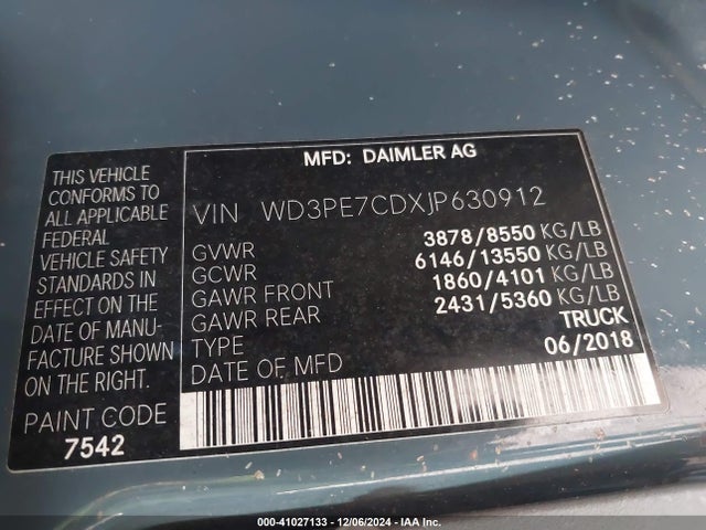 WD3PE7CDXJP630912 Mercedes-Benz Sprinter 2500 Standard Roof V6