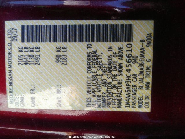 1N4AA6AP3HC456610 Nissan Maxima 3.5 Sr