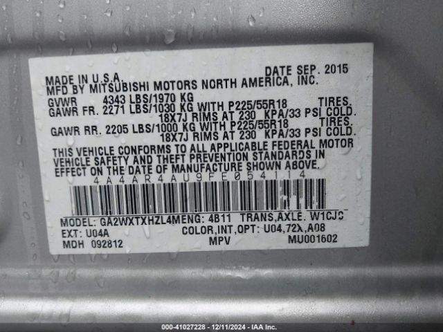 4A4AR4AU9FE054114 Mitsubishi Outlander Sport Se