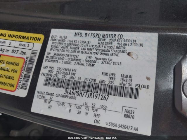 3FA6P0H77JR191267 Ford FUSION SE