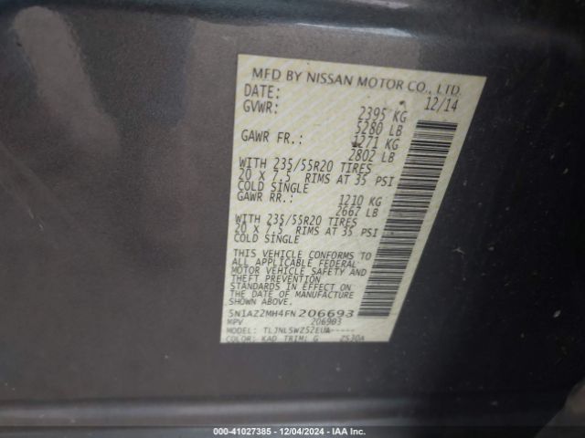 5N1AZ2MH4FN206693 Nissan Murano Platinum