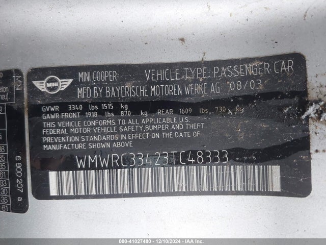 2003 MINI COOPER WMWRC33423TC48333 Photo 8