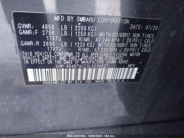 4S4BTACC3L3234627 Subaru Outback Premium