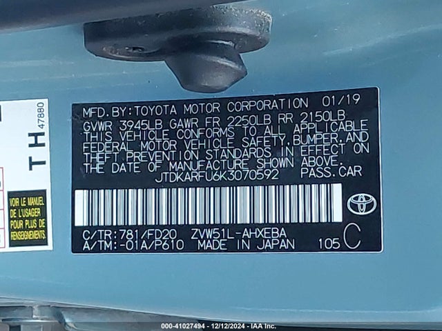Toyota Prius Le 2019 JTDKARFU6K3070592 Image 9