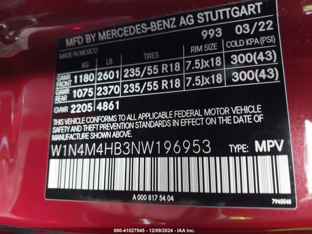 W1N4M4HB3NW196953 Mercedes-Benz Glb 250 4matic
