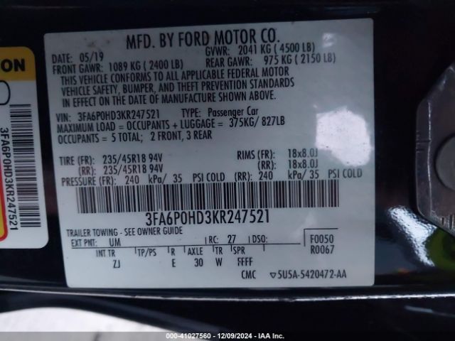 3FA6P0HD3KR247521 Ford FUSION SE