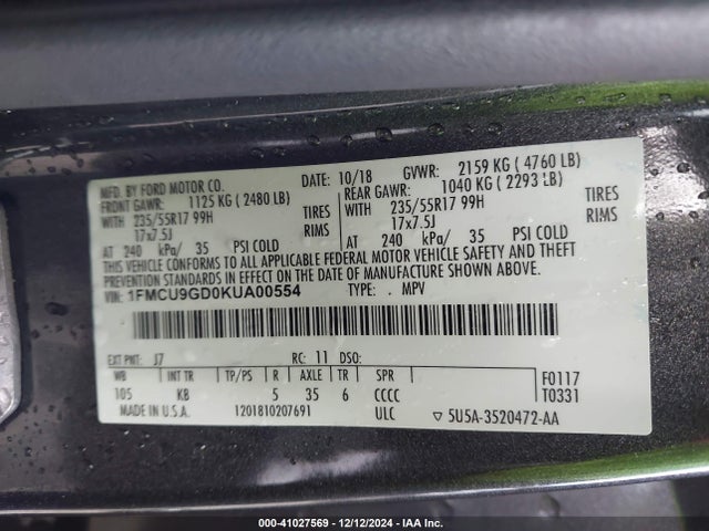 Ford ESCAPE SE 2019 1FMCU9GD0KUA00554 Image 9