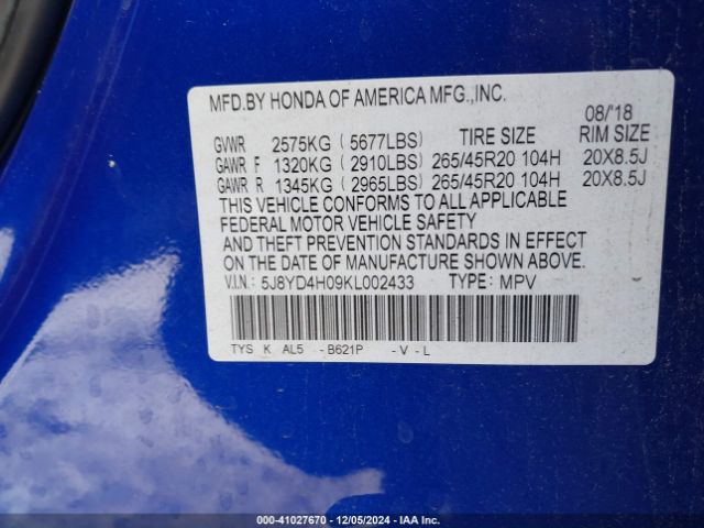 5J8YD4H09KL002433 Acura Mdx Tech   A-spec Pkgs