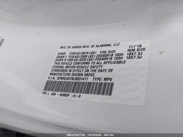 5FNRL6H78LB031411 Honda Odyssey Ex-l/ex-l W/navi   Res