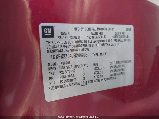 Aukcja sprzedaży 2009 Gmc Yukon Sle2, vin: 1GKFK23049R244906, numer aukcji: 41027802