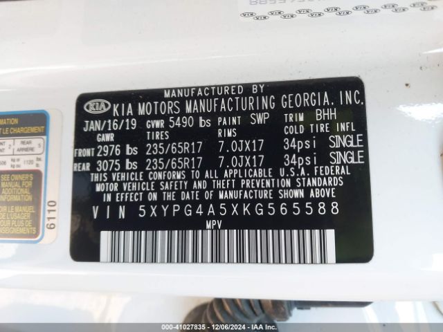 5XYPG4A5XKG565588 KIA Sorento 3.3l Lx