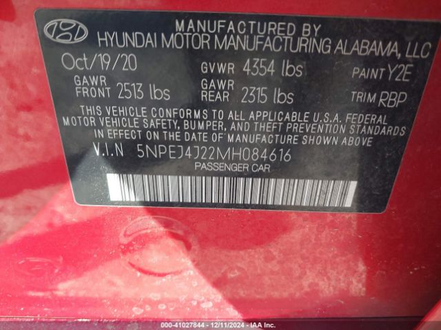 5NPEJ4J22MH084616 Hyundai Sonata Sel Plus