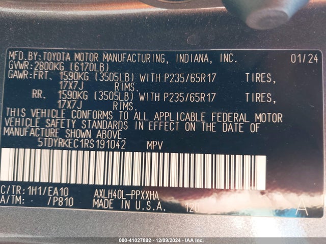 5TDYRKEC1RS191042 Toyota SIENNA XLE