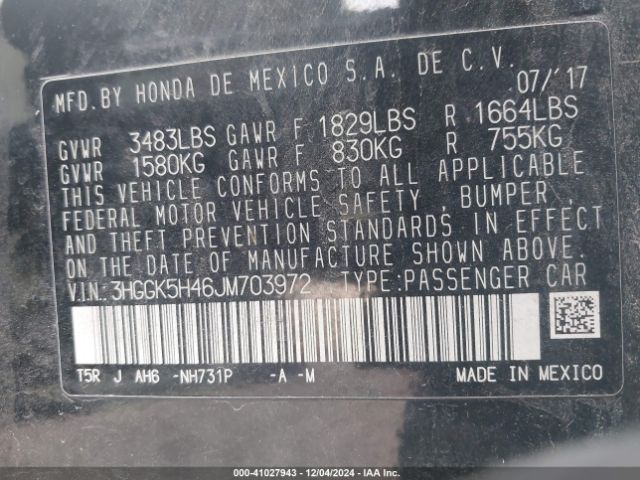 3HGGK5H46JM703972 Honda FIT LX