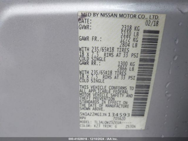 5N1AZ2MG1JN134593 Nissan MURANO SV