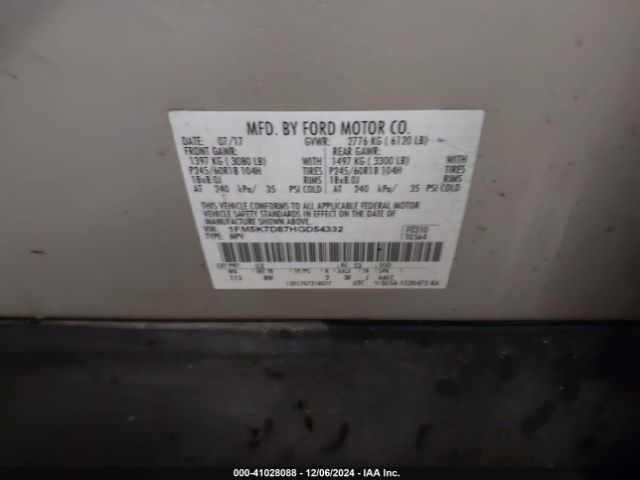 1FM5K7D87HGD54332 Ford EXPLORER XLT
