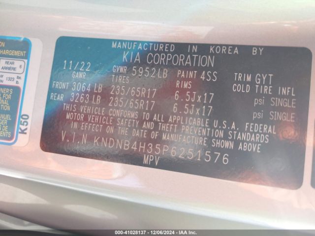 KNDNB4H35P6251576 KIA Carnival Mpv Lx Seat Package