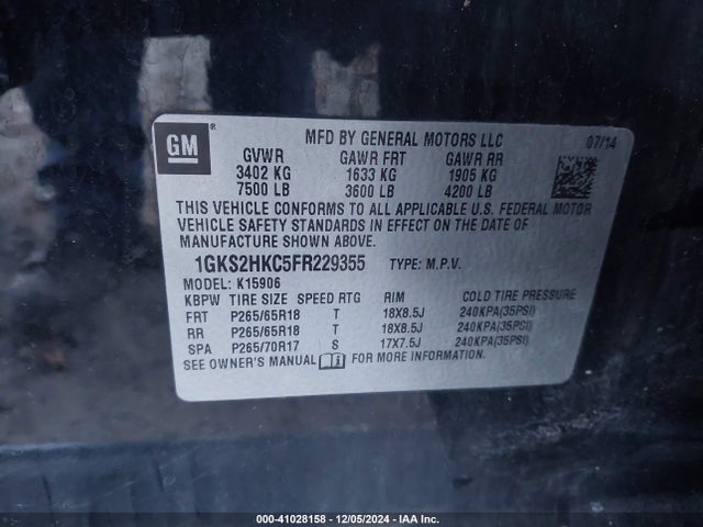 1GKS2HKC5FR229355 GMC Yukon Xl 1500 Slt