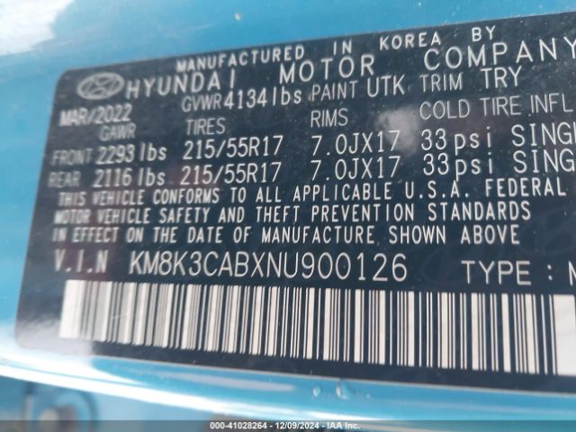 KM8K3CABXNU900126 Hyundai Kona Sel