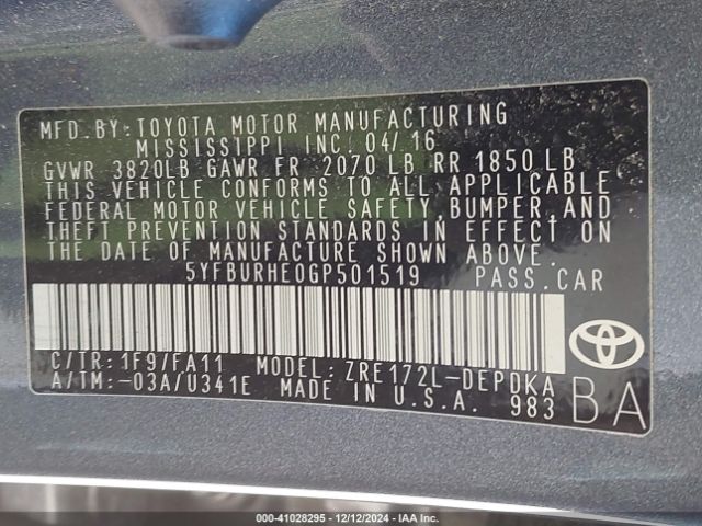 5YFBURHE0GP501519 Toyota COROLLA L