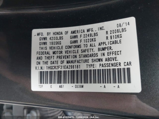 Honda ACCORD LX 2014 1HGCR2F31EA296181 Image 9