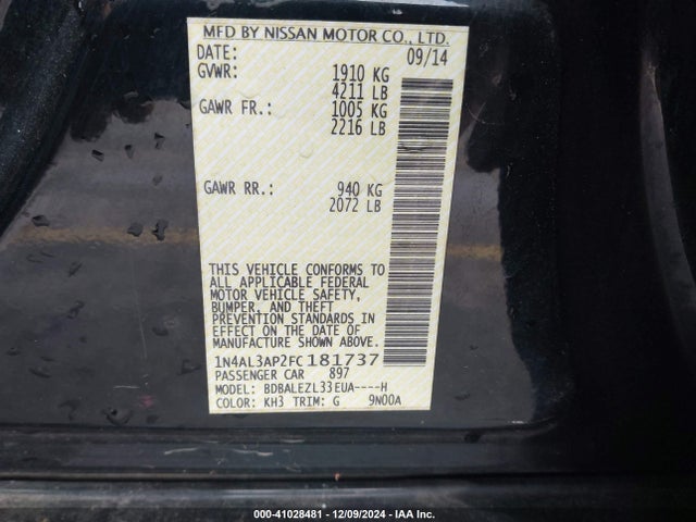 Nissan Altima 2.5 S 2015 1N4AL3AP2FC181737 Image 9
