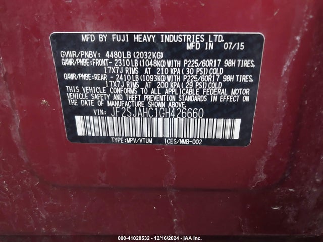 Subaru Forester 2.5i Limited 2016 JF2SJAHC1GH426660 Image 9