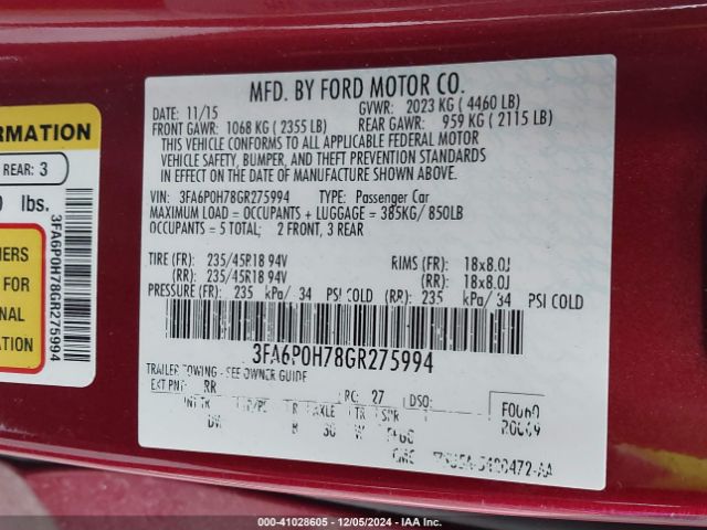 3FA6P0H78GR275994 Ford FUSION SE
