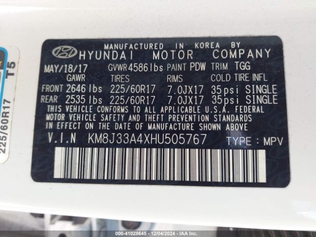 KM8J33A4XHU505767 Hyundai TUCSON SE