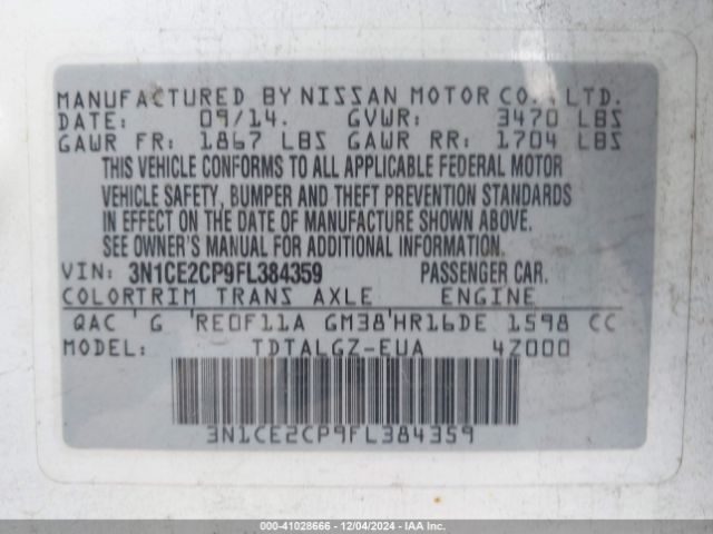 3N1CE2CP9FL384359 Nissan Versa Note Sr