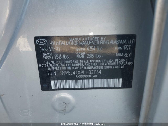 5NPEL4JA9LH031184 Hyundai SONATA SEL