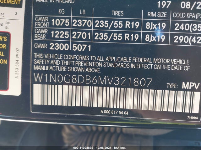 W1N0G8DB6MV321807 Mercedes-Benz Glc 300 Suv