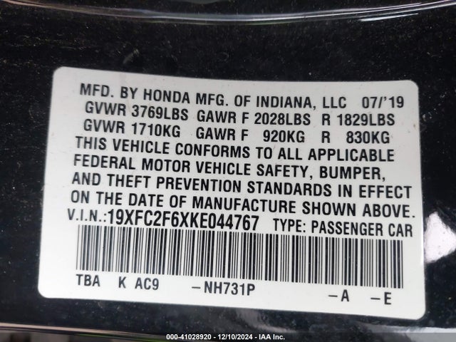Honda Civic Lx 2019 19XFC2F6XKE044767 Image 9