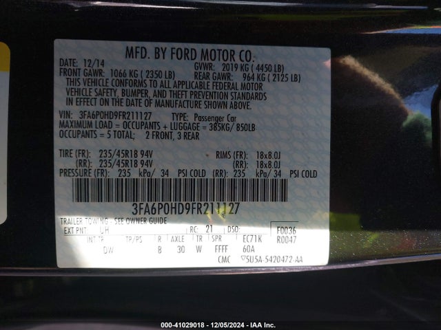 Ford FUSION SE 2015 3FA6P0HD9FR211127 Image 9