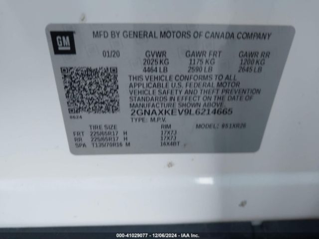 2GNAXKEV9L6214665 Chevrolet Equinox Fwd Lt 1.5l Turbo