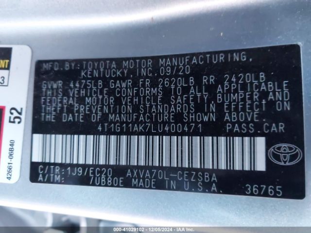 4T1G11AK7LU400471 Toyota Camry Se Nightshade Edition