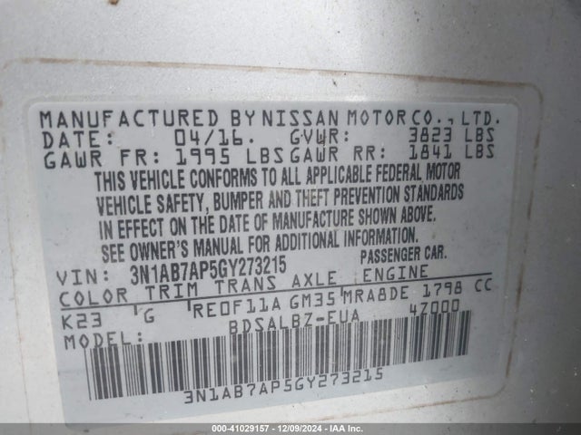 Nissan SENTRA S 2016 3N1AB7AP5GY273215 Image 9